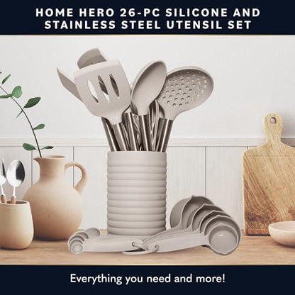Home Hero Silicone Kitchen Utensils Set - Heat Resistant Non-Scratch Cooking Utensils - Ergonomic Silicone Spatula Set - Dishwasher Safe Kitchen Tools - 26 Piece, Stone - size: 26 Pcs