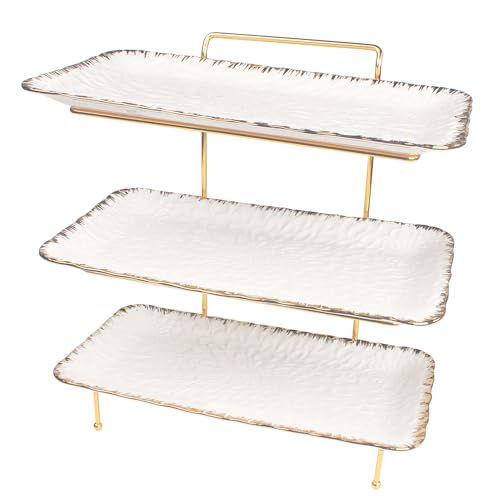 3-Tier Serving Rack with Ceramic Serving Tray, Foldable Gold Stand with 3 Pieces 12 Inch Gold Rim Large Plates for Food Display, Fruit, Dessert Server Display and Entertaining - color: 3-tier 12 Inch Serving Rack
