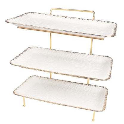 Three-Tier Ceramic Plate Rack - Foldable Gold Plate Rack with Three Large 14-inch White Plates for displaying Food, Fruit, Desserts, and Entertaining Guests. - color: 3-tier 14 Inch Serving Rack