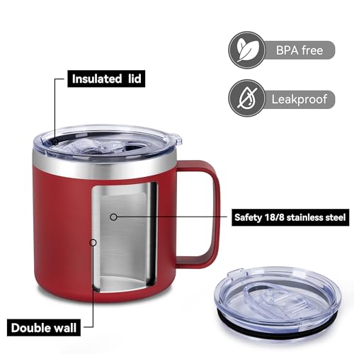 VEGOND 14 oz Insulated Coffee Mug with Handle, Stainless Steel Travel Coffee Mug with Lid, Double Wall Vacuum Metal Coffee Cup, Coffee Tumbler Powder Coated, Red 1 Pack - color: Red, size: 14 Ounces