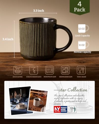 famiware Coffee Mug Set of 4, Star 12 oz Ceramic Mugs Cups Set with Handle | Stoneware Stackable Catering Cup for Coffee, Tea, Cappuccino, Latte, Microwave & Dishwasher Safe, Black - color: Star-Black, size: 4 Count (Pack of 1)