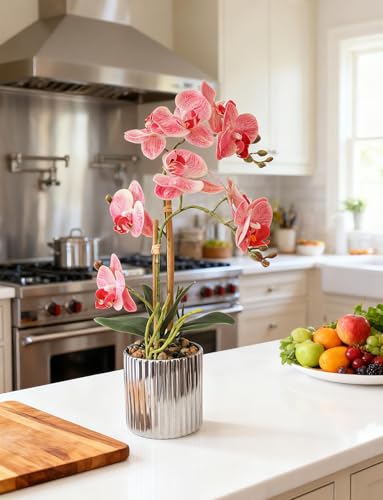 Fake Orchid Plant Artificial Flowers Pink Orchids in Ceramic Vase Faux Real Touch Flowers for Decorations Table Centerpiece Arrangements Fake Flowers that Look Real Home Decor