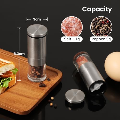 Mini Salt and Pepper Grinder Set Stainless Steel, Small Tiny Adjustable Coarseness Ceramic Salt Grinder with Funnel and Bag Portable Handy Spice Pepper Mill Shaker For Outdoor Party Lunch Bag Kitchen - color: Silver 2-Pack