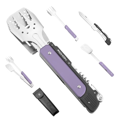 ROXON 6-in-1 Grill Tools Set, Metal Griddle Accessories Kit for Blackstone | BBQ Utensils: Tongs, Fish Spatula, Fork, Knife, Opener & Corkscrew; Stainless Steel, for Flat Top Cooking, Camping & Outdoor - color: Purple