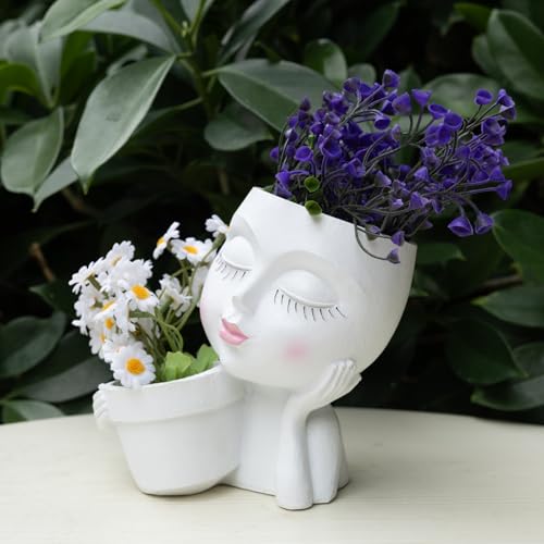 Lady Face Planter Pots Head - Double Cute Planters for Indoor Plants, Flower & Succulent with Drainage Holes, Novelty Head Plant Pot for Home Garden Succulents Cactus White - color: White-b