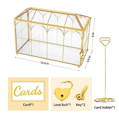 Glass Wedding Card Box with Lock, 12.6x5.9x9 inches Large Gold Card Boxes for Wedding Reception, Graduation, Keepsake Display, Party Centerpiece Gift Box - size: 12.6 x 5.9 x 9 Inches with Arch
