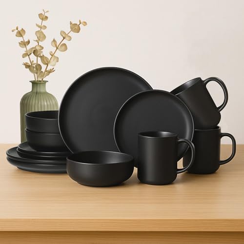 12-Piece Stoneware Dinnerware Set with Mugs | Microwave and Dishwasher Friendly | Stackable Matte Glaze Plates & Bowls | Service for 3 (Black for 3) - color: Black for 3