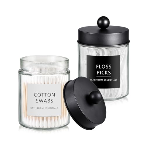 SheeChung 2 Pack Glass Qtip Holder with Black Stainless Steel Lids | Apothecary Jars with Stickers, Modern Farmhouse Bathroom Vanity Organizer for Cotton Swabs, Balls, Pads - color: Black, size: 2 pack