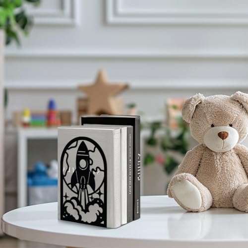 5.3"x4.3"x7.9" Metal Bookends, Heavy Duty Book Ends for Shelves | Rocket Theme Cast Iron Book Supports, 1 Pair Decor Stoppers for Desk, Library, Office & Home Shelves - style: Rocket