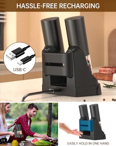 CIRCLE JOY Electric Salt and Pepper Grinder Set Automatic Salt and Pepper Grinder Set with Easy-to-Carry Charging Base and LED Light, USB Rechargeable, Upgrade External Adjustable Coarseness - color: Black