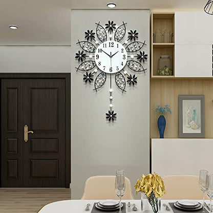 Large Decorative Black Crystal Wall Clock for Living Room Decor | Big Luxury Modern Wall Clock with Pendulum Battery Operated Non Ticking Silent Quartz Metal Clock for Kitchen Office Bedroom - style: Art Deco
