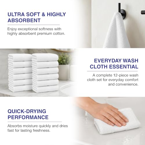 Soft Classic Towel Set - Ultra-Absorbent, Quick-Drying & Durable 12-Piece Towels - Ringspun Cotton Loops for Plush Comfort - Lightweight & Long-Lasting Bathroom Essentials - (White, Wash Cloth) - style: Wash Cloth