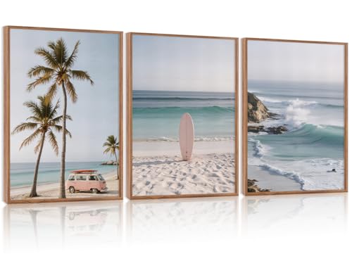 HPINUB Beach Seascape Framed Canvas Wall Art,(Set of 3,12X16 Inch) Palm Tree Surfboard Nature Wall Decor,Modern Coastal Landscape Artwork Relax Summer Ocean Art Print For Living Room,Bathroom Decor - color: Modern Beach Seascape Wall Art