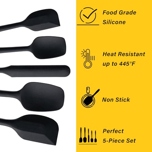 Silicone Spatula Set,5 Piece Food Grade Rubber Spatulas,Black | Spatulas Silicone Heat Resistant for Baking,Cooking,and Mixing High Heat Resistant Non Stick Dishwasher Safe BPA-Free - color: Black