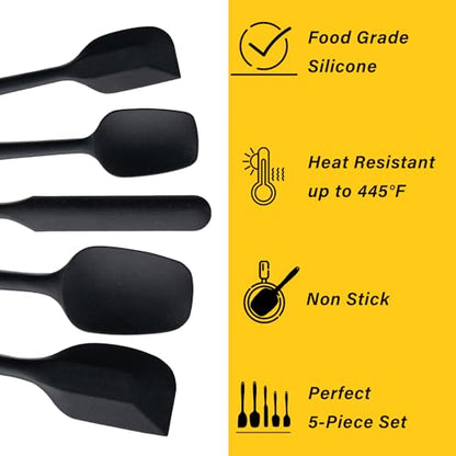 Silicone Spatula Set,5 Piece Food Grade Rubber Spatulas,Black | Spatulas Silicone Heat Resistant for Baking,Cooking,and Mixing High Heat Resistant Non Stick Dishwasher Safe BPA-Free - color: Black