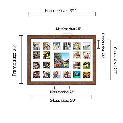 Brown Collage Frame With Mat - 20"x29" Outer Solid Wood Frame For Twenty 4"x4" and (1) 8"x8" Photos Rustic Brown Matted Instagram 4x4 Collage Photo Frame with Mat with Multi Opening Picture Matte