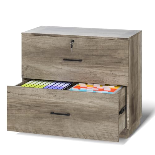 VINGLI 2 - Drawer Lateral File Cabinet with Lock, Lockable Wood Filing cabinets for Home Office, Wooden Printer Stand with 2 Drawers for Letter Legal A4 Size File Folder Storage, Rustic Gray - color: Rustic Gray