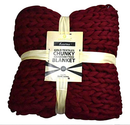 Chunky Knit Blanket (50 x 60 Inches) Warm Soft Cozy for Lounge Sofa & Bedroom, Handmade Knitted Yarn Throw Blanket (Red Wine, 1) - color: Red Wine