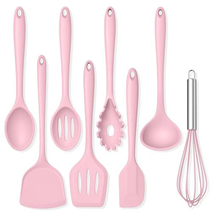 TeamFar Silicone Cooking Utensils Set, 8 PCS Kitchen Utensils Set, Pink | 446°F Heat Resistant Turner, Spatula, Spoon, Whisk, Kitchen Cooking Gadgets Tools, for Nonstick Cookware, Dishwasher Safe - color: Pink