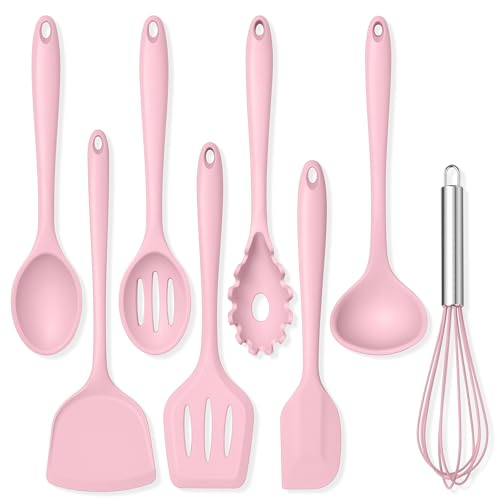 TeamFar Silicone Cooking Utensils Set, 8 PCS Kitchen Utensils Set, Pink | 446°F Heat Resistant Turner, Spatula, Spoon, Whisk, Kitchen Cooking Gadgets Tools, for Nonstick Cookware, Dishwasher Safe - color: Pink