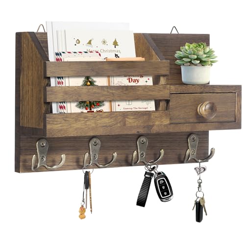 Key Holder Wall Mount, Wooden Key and Mail Organizer, Brown | 2 Mount Options, Includes 8 Hooks, Fence Mail Slot, Small Drawer and Shelf, for Entryway, Hallway, Doorway, Living Room, RV - color: Brown