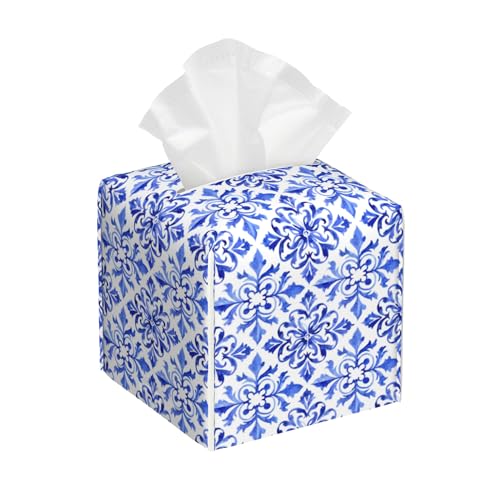 Tissue Box Cover,Watercolor Vintage Blue Flower Leather Tissue Box Holder Square Facial Paper Case Organizer Dispenser for Bathroom Vanity Countertop Tabletop Car Office - color: Color17