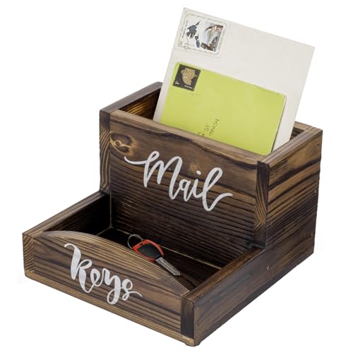 MyGift Burnt Wood Entryway Mail Organizer with Key Storage Tray | Farmhouse-inspired storage solution keeps letters, notes, and everyday essentials tidy with a charming distressed wood finish - color: Burnt Wood