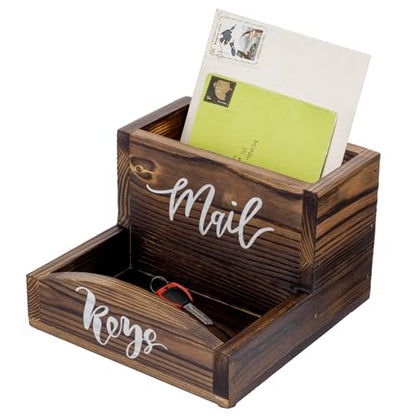 MyGift Burnt Wood Entryway Mail Organizer with Key Storage Tray | Farmhouse-inspired storage solution keeps letters, notes, and everyday essentials tidy with a charming distressed wood finish - color: Burnt Wood