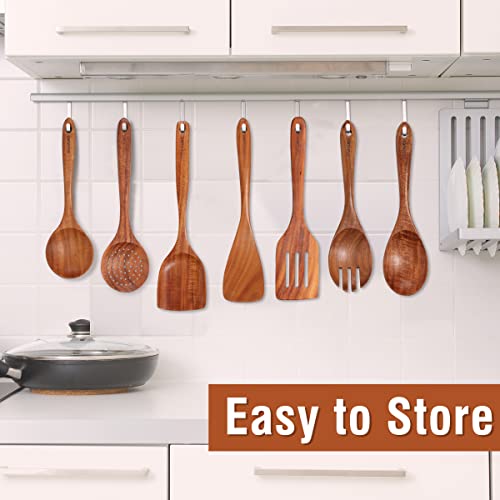 Mooues Wooden Kitchen Utensil Set, 9 Piece Natural Teak with Spoon Rest | Wooden Cooking Utensils with Comfort Grip, Smooth Durable Heat Resistant Cooking Spoons and Utensils Holder for Cooking - size: 9 PCS Set