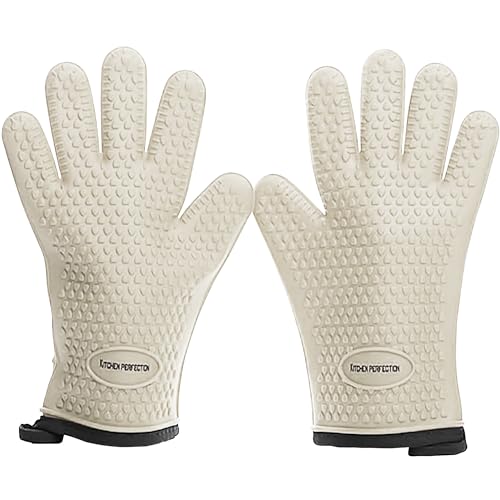 KITCHEN PERFECTION Silicone Smoker BBQ Gloves - Heat Resistant Oven Mitts | Made For Women, Waterproof, 5-Finger Design For A Better Grip, For Meat Smoking, Grilling, Cooking, Frying Turkey, Grill Gift - color: Cream, size: One Size Fits Most