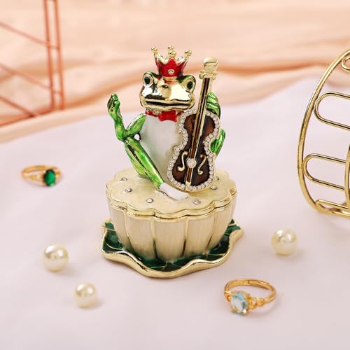QIFU Hand Painted Green Frog Style Enamel Trinket Box Hinged, Unique Small Jewelry Box to Store Jewelry in Style - style: Guitar Frog