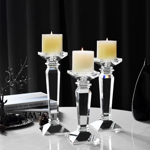 Kitcom Crystal Candlestick Holders Hand Cut Crystal Taper/Pillar Candle Holders, Table Centerpieces for Party Wedding Banquet Decorations Set of 3, Comes with Gift Box(11.6''/10.4''/9.3'' Tall)