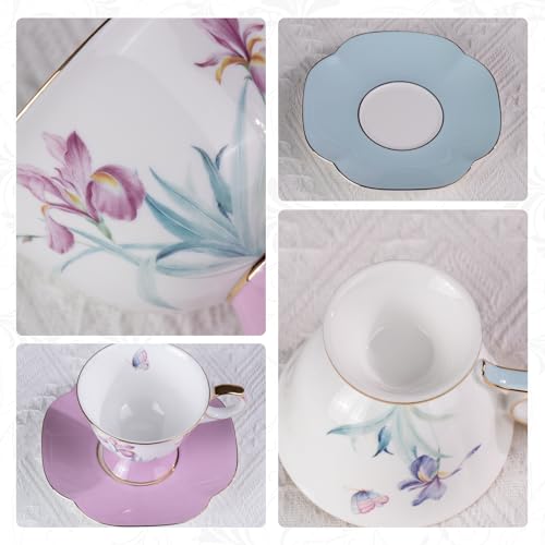 KAMMAK Ceramic Coffee Cups Saucers Set of 2, Porcelain Espresso Cups with Saucers, 8.45 oz Handcrafted Elegant Bone China Tea Cups, Iris Flower & Butterfly Pattern Teacup for Party, Office, Gift - color: Flying Summer Kite (Light Blue + Pink)