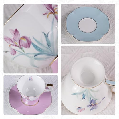 KAMMAK Ceramic Coffee Cups Saucers Set of 2, Porcelain Espresso Cups with Saucers, 8.45 oz Handcrafted Elegant Bone China Tea Cups, Iris Flower & Butterfly Pattern Teacup for Party, Office, Gift - color: Flying Summer Kite (Light Blue + Pink)