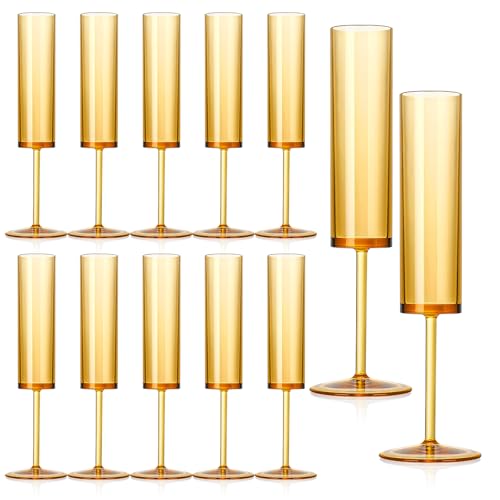 12 PCS Amber Glass Champagne Flutes 5.4 Oz Long Stem Champagne Flutes Plastic Acrylic Champagne Glasses Colored Sparkling Wine Glasses Reusable For Luxury Party Wedding Bar Birthday Use - color: Amber, size: 12 Pack