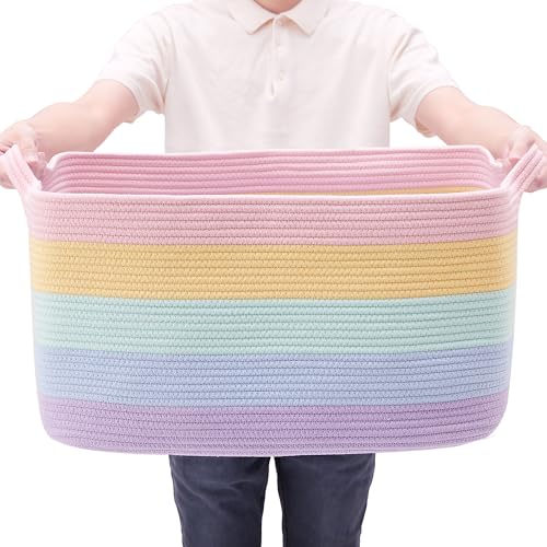 Rainbow Storage Basket for Toys Large Blanket Basket for Girls | Woven Cotton Rope Baby Laundry Hamper, Kids Nursery Toy Basket for Classroom, Soft Stuffed Animal Storage
