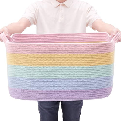 Rainbow Storage Basket for Toys Large Blanket Basket for Girls | Woven Cotton Rope Baby Laundry Hamper, Kids Nursery Toy Basket for Classroom, Soft Stuffed Animal Storage