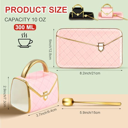 Zubebe 2 Sets Coffee Mug Elegant Handbag Shaped Cup Modern Ceramic Purse Mug with Spoon and Saucer, 10oz Cute Creative Tea Cup for Woman Girls Gift (Pink,Black) - color: Pink, Black
