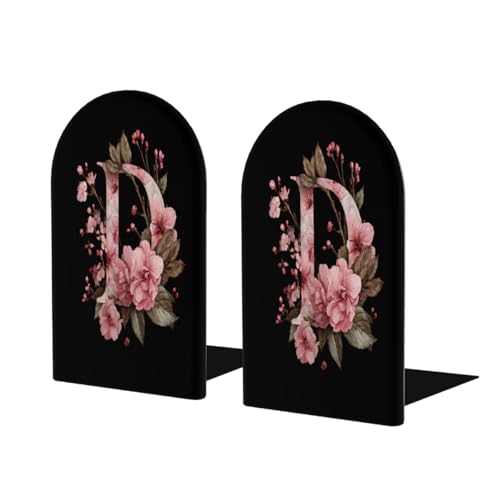 Wood Book Ends for Shelves Pink Floral Alphabet D Bookends for Heavy Books CDs Organizer Decorative Wooden Book Stopper Holders for Home Office Desk,5.1x3.1x4in Set of 2 - color: Floral D, size: 5.1x3.1x4inx2PCS