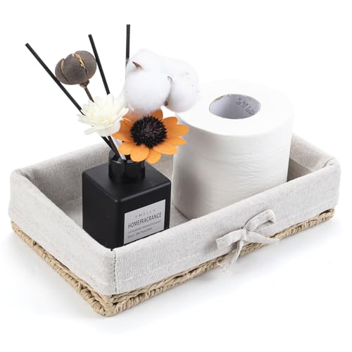 Bathroom Tray Wicker Toilet Paper Basket Toilet Tank Trays for Countertop Storage Behind Bathroom Tray Organizer Toilet Tank Top Basket Suitable for Any Home Décor Style (9.8x5.9x2.36 In, Beige)