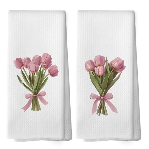 Pink Bows Tulips Bouquet Kitchen Towels Set of 2, Coquette Pink Tulip Girly Aesthetic Hand Towel for Kitchen Bathroom, Spring Floral Botanical Decorative Tea Dish Towels 16x24 Inch - color: Color 03