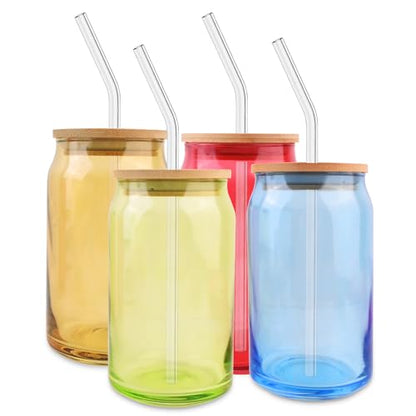 Lily's Home 16oz Glass Tumbler Set with Bamboo Lids and Straws, 4 Pack Multi-Color Glass Cups Drinking Glasses for Smoothies, Iced Tea, Beverages and Iced Coffee Cup with Lids and Straw, Drinking Jars