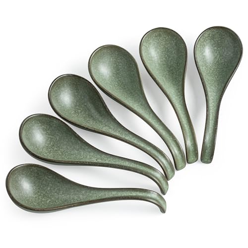 Asian Soup Spoon, Chinese Soup Spoons, Ramen Spoons, Japanese Ceramic Soup Spoon Set of 6,Thanksgiving Christmas Kitchen With Long Handle for Serving, Ramen, Pho, Noodles, Green - color: Green