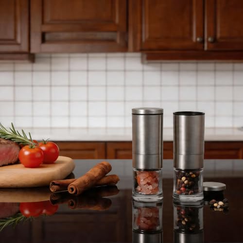 Mini Salt and Pepper Grinder Set Stainless Steel, Small Tiny Adjustable Coarseness Ceramic Salt Grinder with Funnel and Bag Portable Handy Spice Pepper Mill Shaker For Outdoor Party Lunch Bag Kitchen - color: Silver 2-Pack