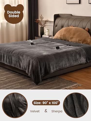 Bearhug Electric Blanket King Size with Dual Controls, 10 Heat Levels & 1-12H Auto Shut-Off, Fast Heating Soft Velvet to Sherpa Heated Blanket for Couples, Machine Washable, Gray - color: Gray-velvet & Sherpa, size: King Size 100" × 90"