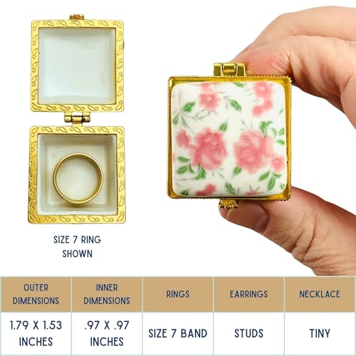 Tiny Square Porcelain Trinket Box | Pink Cabbage Roses | French Style Gift Box with Velvet Bag - style: Pink Cabbage Roses Square