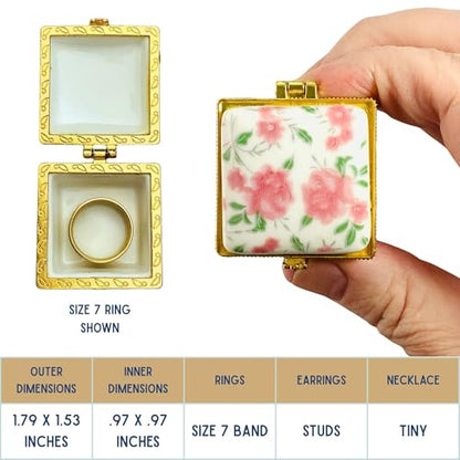 Tiny Square Porcelain Trinket Box | Pink Cabbage Roses | French Style Gift Box with Velvet Bag - style: Pink Cabbage Roses Square