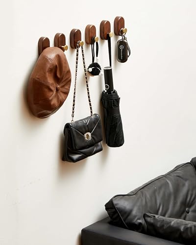 Wood Coat Hooks Wall Mount - Modern Walnut Coat Hook with Brass Accent for Hanging Clothes,Keys,Purse,Robes,Towel,Backpacks, Single Brass Wall Hooks Heavy Duty for Entryway, Closet, Bathroom (6 Pack) - size: HT-6Pack