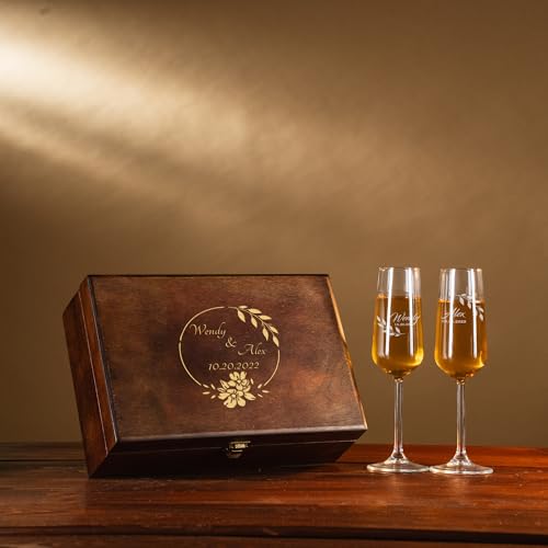 Personalized Champagne Flutes in Wooden Gift Box – Engraved Wedding Champagne Glass Set of 2, Custom Design & Name, Luxury Wedding Gift (Champagne Flutes-Box Set) - color: Champagne Flutes-Box Set
