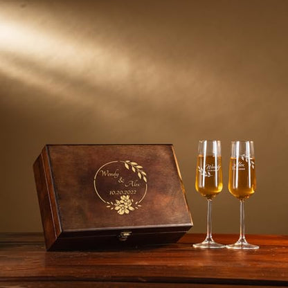 Personalized Champagne Flutes in Wooden Gift Box – Engraved Wedding Champagne Glass Set of 2, Custom Design & Name, Luxury Wedding Gift (Champagne Flutes-Box Set) - color: Champagne Flutes-Box Set